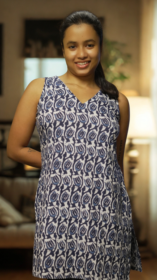 Woman wearing a blue and white patterned dress in a living room setting