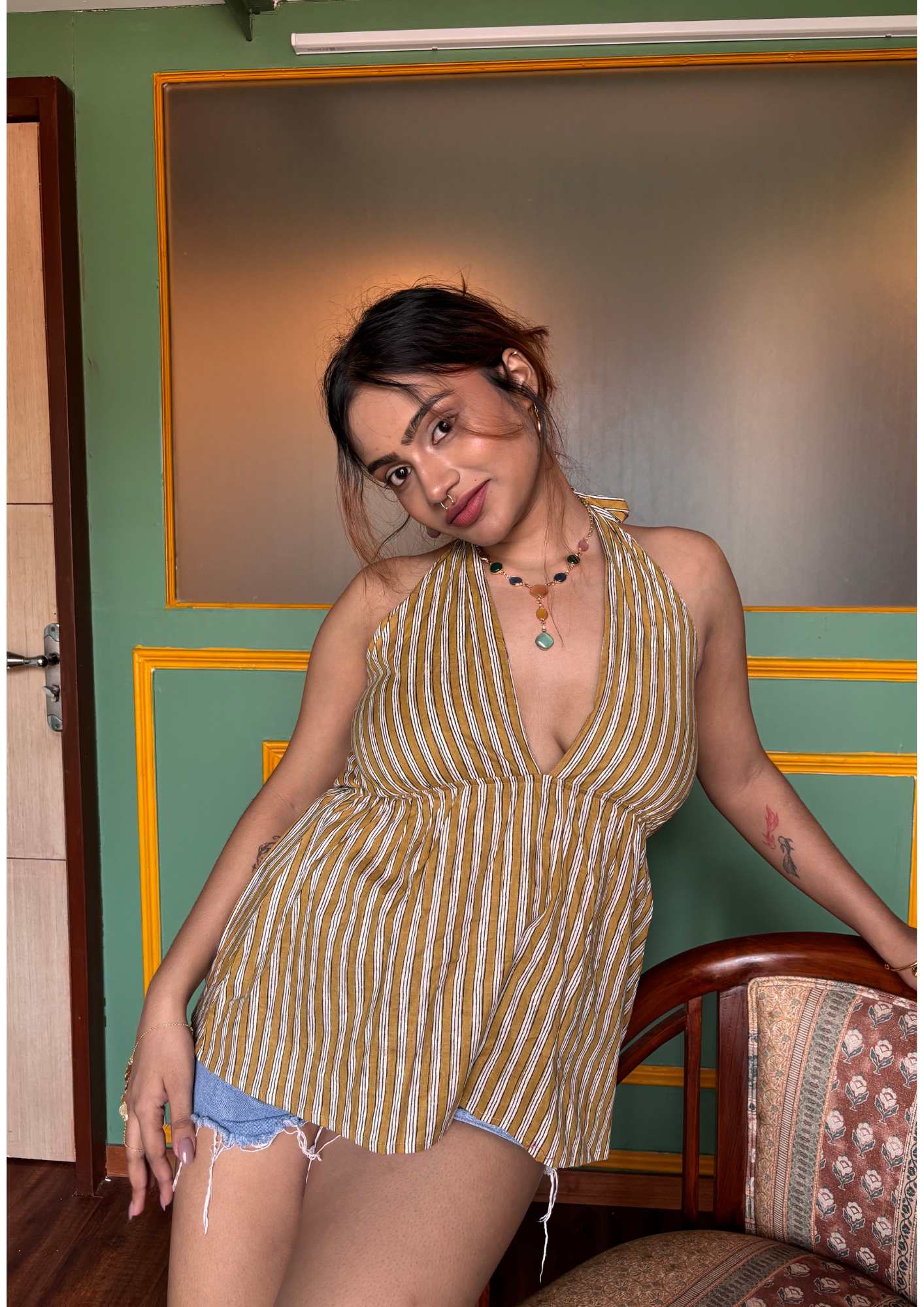 Mustard striped halter top